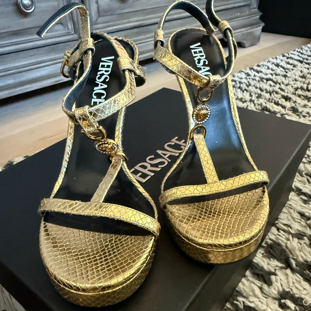 Versace Gold Textured Platform Sandals